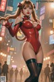 A woman in a red bodysuit is standing in the middle of a city.