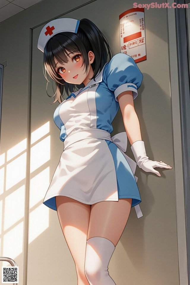 A woman in a nurse uniform leaning against a wall.