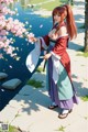 A woman in traditional attire stands by a pond with cherry blossoms and a sword.